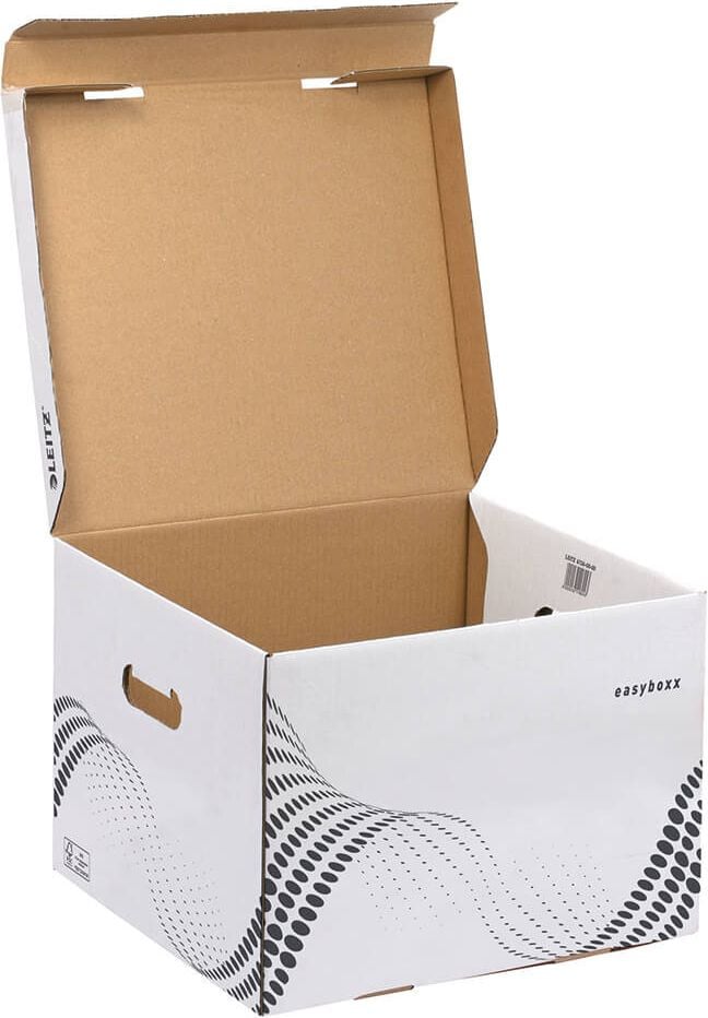 Archivboxen Leitz Container easyboxx M 6136, für 3 x 100mm oder 2 x 150mm Archiv-
schachteln, Klappdeckel, Recyclingkarton,
weiß, Pack 15 Stück