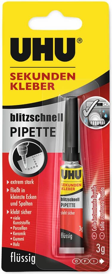 Klebstoff Uhu Sekundenkleber blitzschnell PIPETTE 45570, Pipette 3g