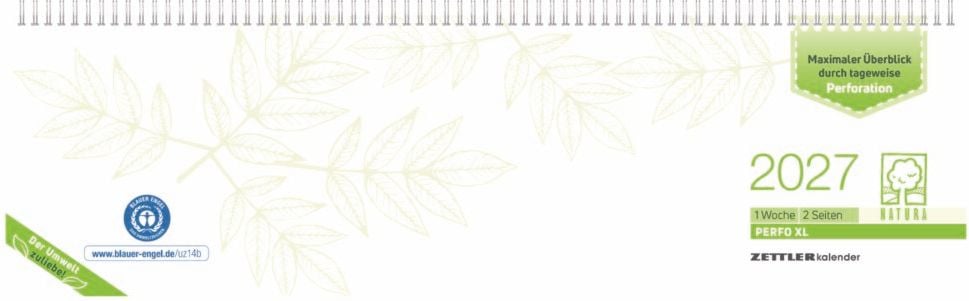 Querkalender Zettler PERFO XL Recycling 661224, Spirale, 1 Woche/2 Seiten, Kartoneinband, Recyclingpapier, ca. 36,2x10,6cm, Blauer Engel