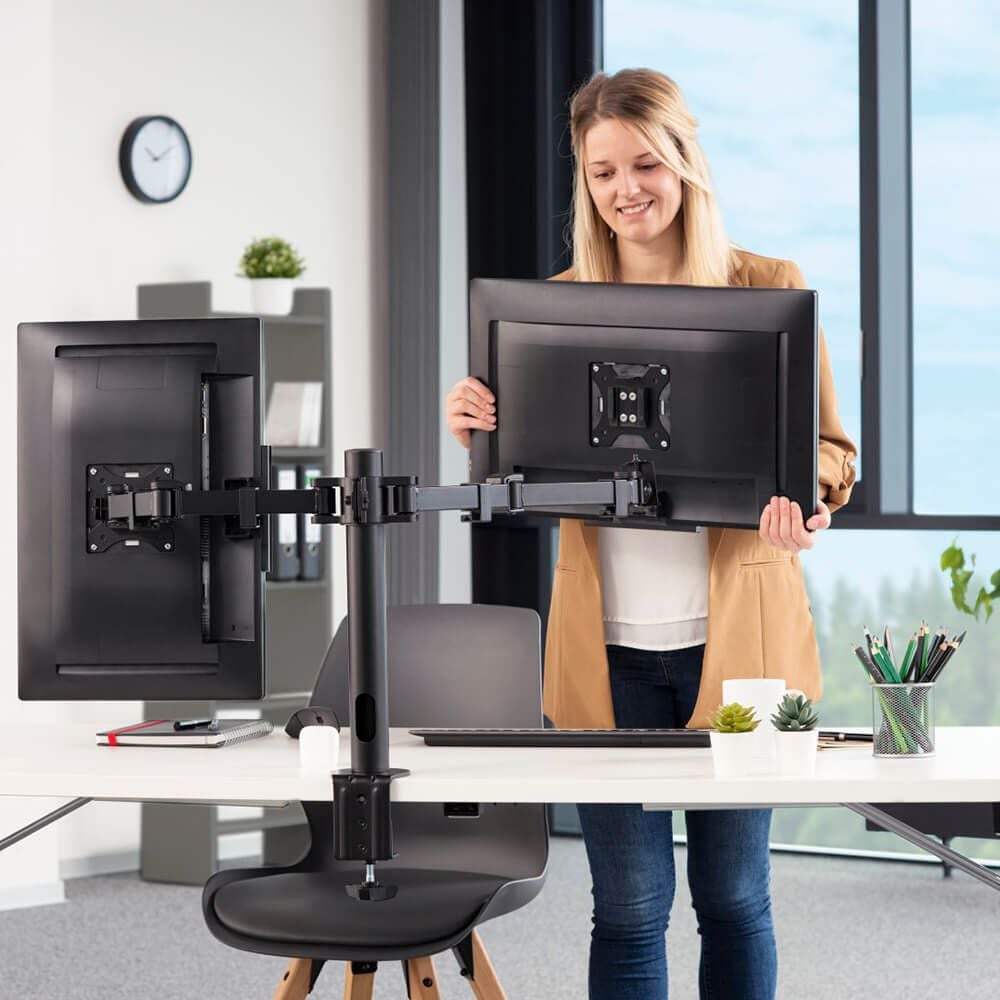 Monitorhalter Hama FULLMOTION Doppelarm 118494, 2 Arme, Tragfähigkeit bis zu 15 kg pro
Schwenkarm, höhen- und tiefenverstellbar,
Klemmhalterung, schwarz