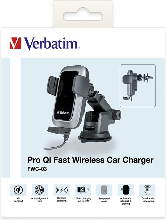Kfz-Ladehalterung Verbatim FWC-03 49554, Induktionsladegerät, QI-zertifiziert, bis 15W, USB-C- auf USB-A-Kabel, Lüftungshalterung, Saugnapf, für einhändige Bedienung, Glasoberfläche