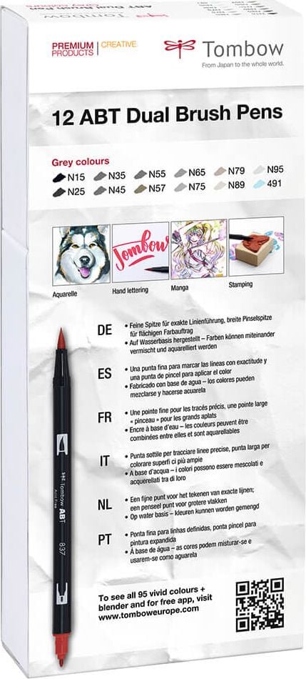 Fasermaler Tombow Abt Dual Brush Pen ABT-12P-3, 2 Spitzen (ca. 0,8 + ca. 0,8-3,3mm), Etui mit
12 Grautönen