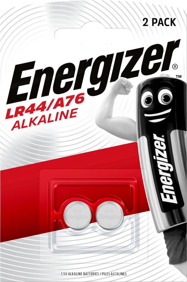 Knopfzellen Energizer Alkali Mangan LR44/A76, 1,5 Volt, frei von Quecksilberzusatz, Pack 2
Stück