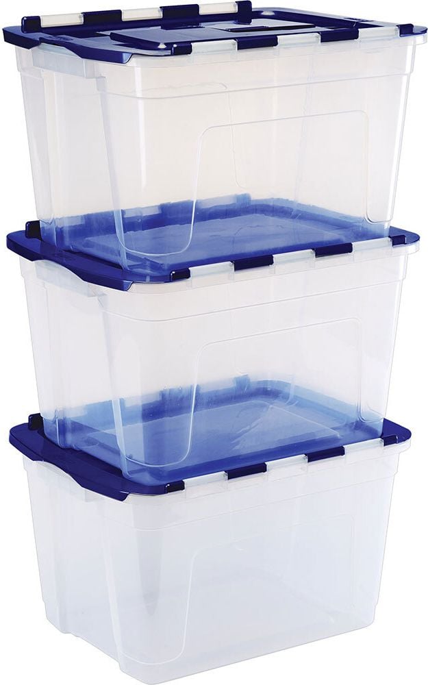 Aufbewahrungsboxen Bankers Box Tote Box with hinged Lid, 55 Liter, Außenmaße: 590x430x350mm (BxTxH), PP 100% BPA-frei, geteilter Deckel, transparent/blau