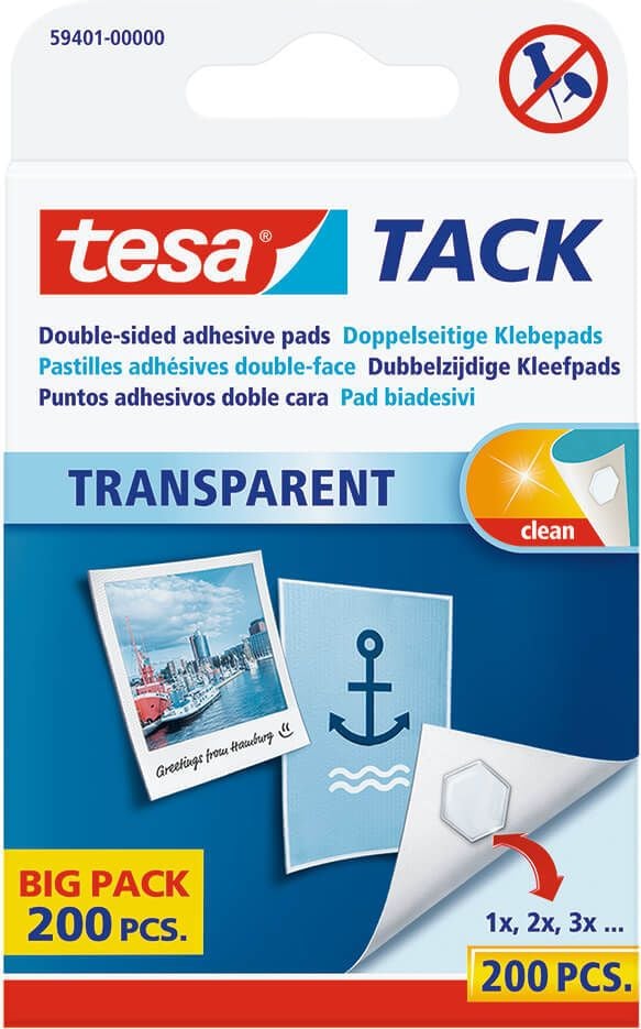 Klebepads Tesa TACK 59401-00000-00, 1x1cm, transparent, ablösbar, Pack 200 Stück