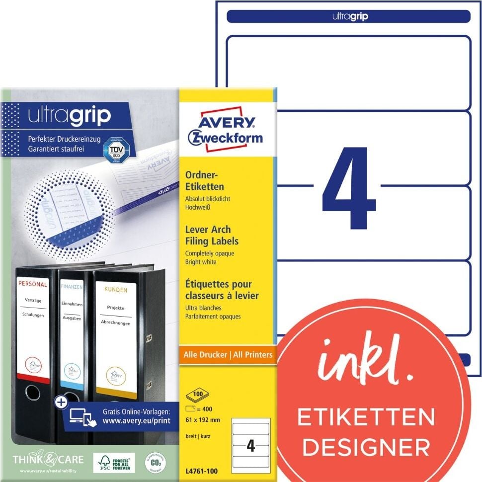 Rückenschilder Zweckform L4761-100 ultragrip, breit/kurz, 192x61mm, auf A4, weiß, Pack 100
Blatt/400 Stück