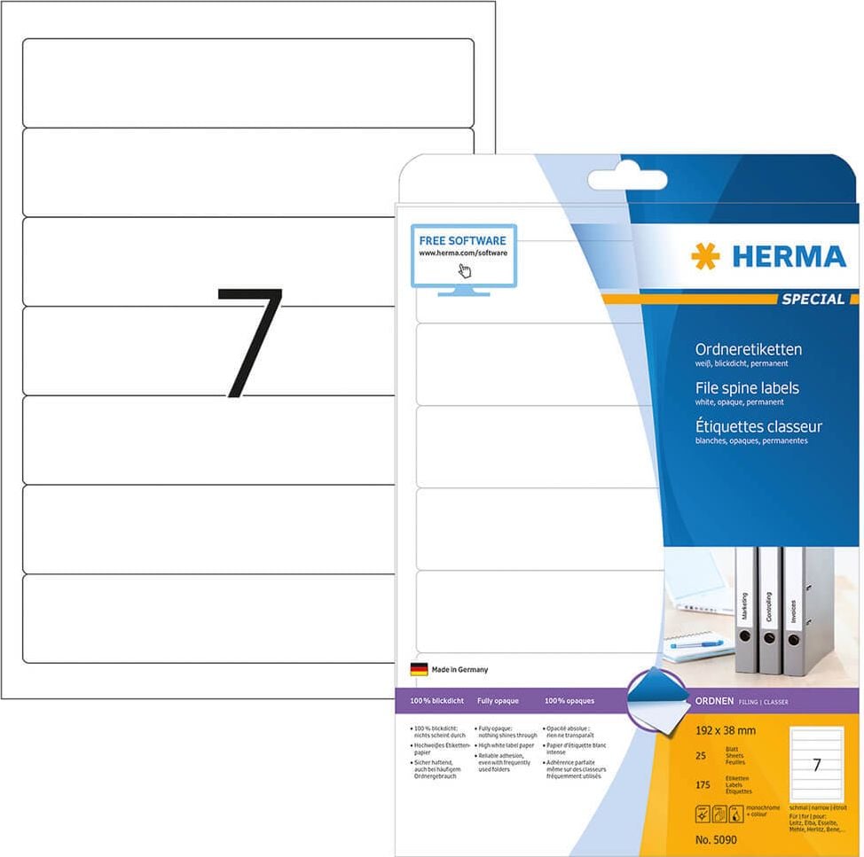 Rückenschilder Herma 5090, schmal/kurz, 192x38mm, auf A4, weiß, Pack 25
Blatt/175 Stück