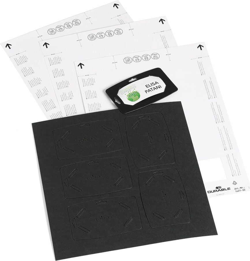 Namensschilder Durable 827201, 40x75mm, Clip-Ausstanzung (ohne Clip), Recyclingkarton, schwarz, Pack 20 Stück
