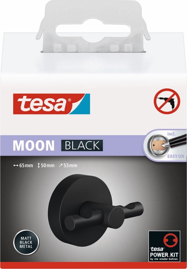 Handtuchhaken Tesa MOON BLACK 40564-00000-00, 5x6,5x5,3cm, Wandhaken doppel, 6kg Haltekraft, mattschwarz pulverbeschichtetes Metall