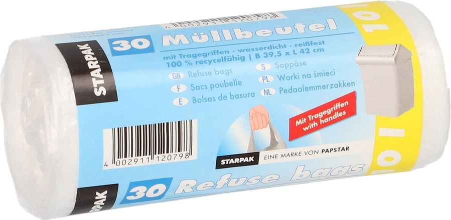 Müllsäcke Papstar Starpak 10 Liter 12079, 42 x 39,5 cm, HDPE, 10 Liter, transparent,
Rolle 30 Stück