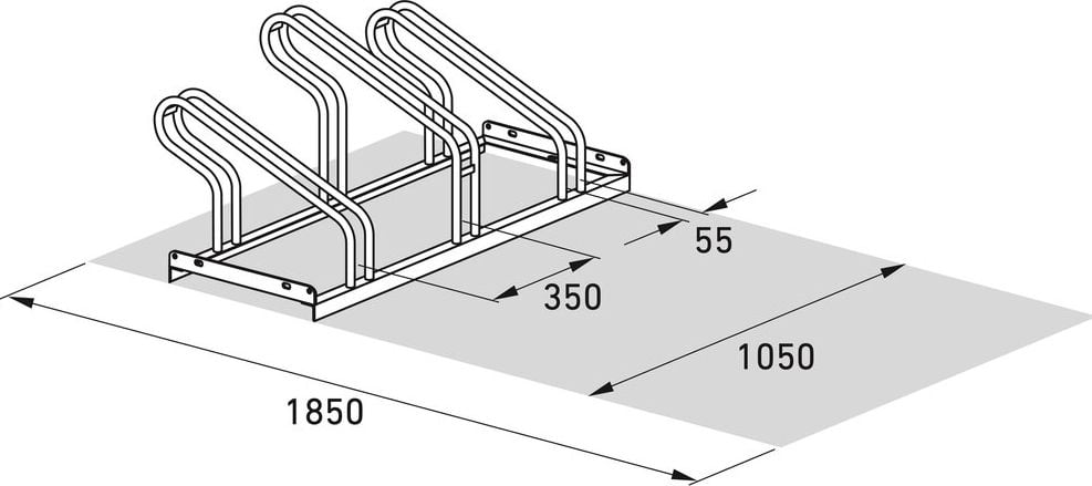Fahrradständer WSM Bügelparker 1053, verzinkt, Freiaufstellung, 105cm lang, für 3 Fahrräder, bis zu 55mm Reifenbreite, einseitige Radeinstellung