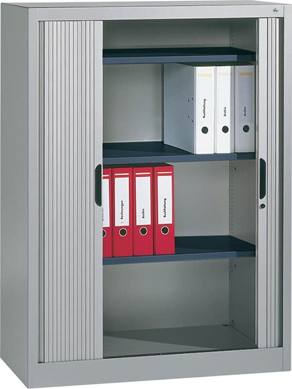 Aktenschrank CP Omnispace 3222-00, 100x134,5x42cm (BxHxT), 2 Querrollläden,
3 Fachböden, 3 Ordnerhöhen + 1 Restfach,
hellgrau