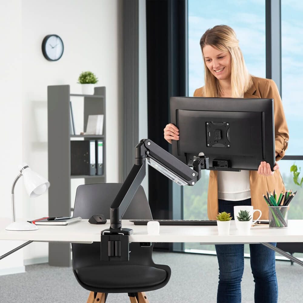 Monitorhalter Hama FULLMOTION Einzelarm 118497, 1 Arm, Tragfähigkeit bis zu 15 kg,
Schwenkarm, höhen- und tiefenverstellbar,
Klemmhalterung, schwarz