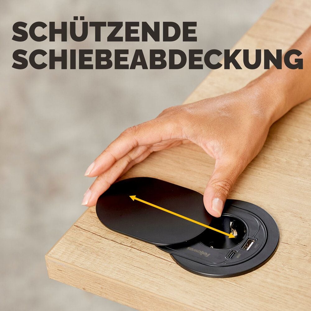Einbausteckdose Fellowes Power Spot Type F, 1x Steckdose, 1x USB-A, 1x USB-C, Kabellänge
2m, Schiebeabdeckung, schwarz
