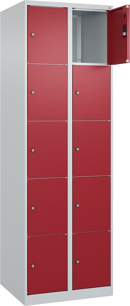 Schließfachschrank CP Classic PLUS Fächerschrank 080000-205, 60x185x50cm (BxHxT), mit Sockel, 5-stöckig,
10 Fächer je 30cm breit, Zylinderschloss, 2
Schlüssel pro Fach, rot