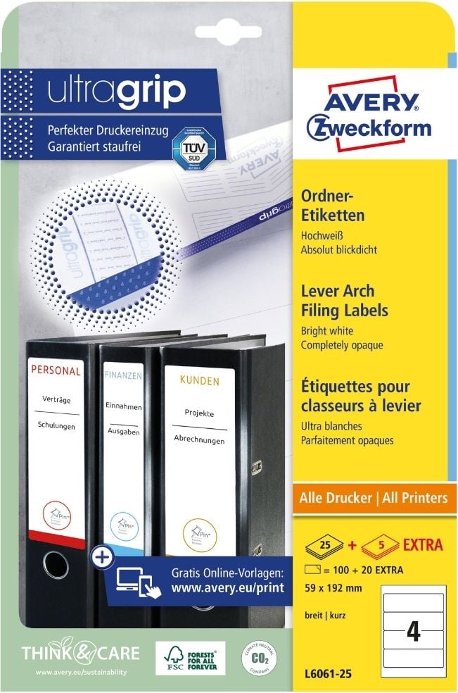 Rückenschilder Zweckform L6061-25 ultragrip, breit/kurz, 192x59mm, auf A4, weiß, Pack 30
Blatt/120 Stück