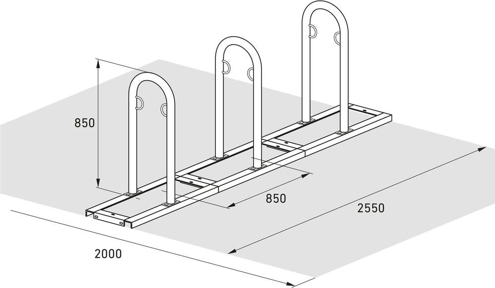 Fahrradständer WSM Anlehnsystem TRACK 33, verzinkt, Freiaufstellung, 255cm lang, für 6 Fahrräder, Stahlösen für Fahrradschlösser, Reihenverbindung möglich