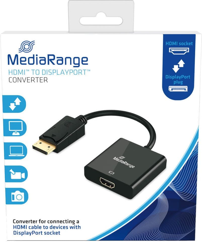 Monitoradapter MediaRange DisplayPort auf HDMI MRCS175, DisplayPort auf HDMI, HDMI Buchse/DP, 10
Gbit/s Datenübertragungsrate, Stecker 15 cm,
schwarz