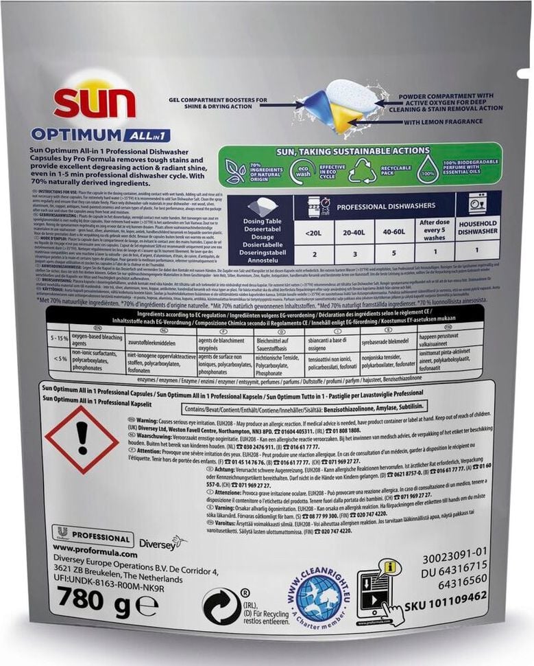 Spülmaschinentabs Sun Professional Optimum All in 1, Pack 52 Tabs, mit Klarspüler und Salz