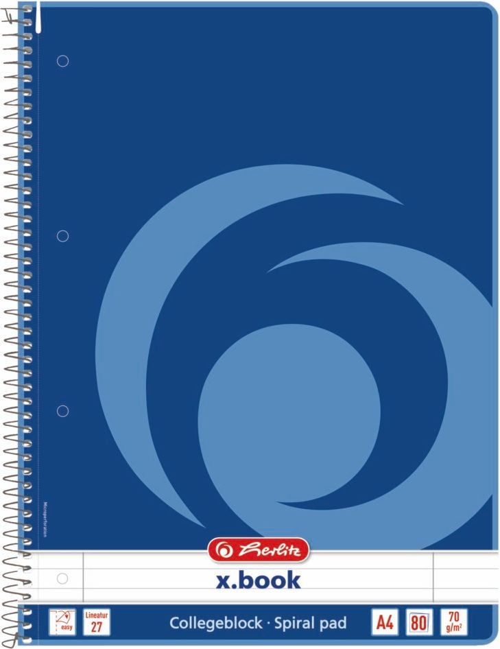 Collegeblock Herlitz DIN A4 400129112, liniert, Rand rechts+links, 4-fach gelocht,
Block 80 Blatt