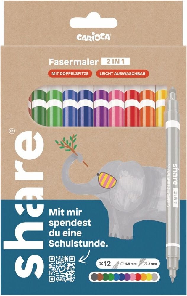 Fasermaler share basic made by Carioca, 2 Rundspitzen (ca. 2mm und 4,5mm), Etui mit 12 Farben