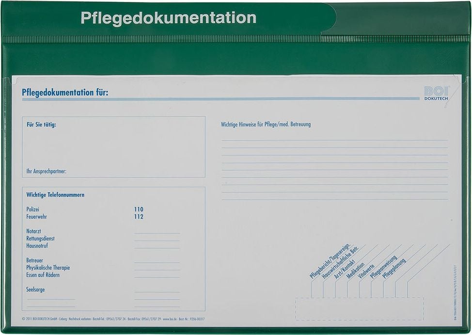 Patienten-Dokumentationsmappe Eichner system-line, 5 Heftmechaniken, 8 Klarsichttaschen, 4 Registerblätter, Kunststoff, Druck Pflegedokumentation, grün