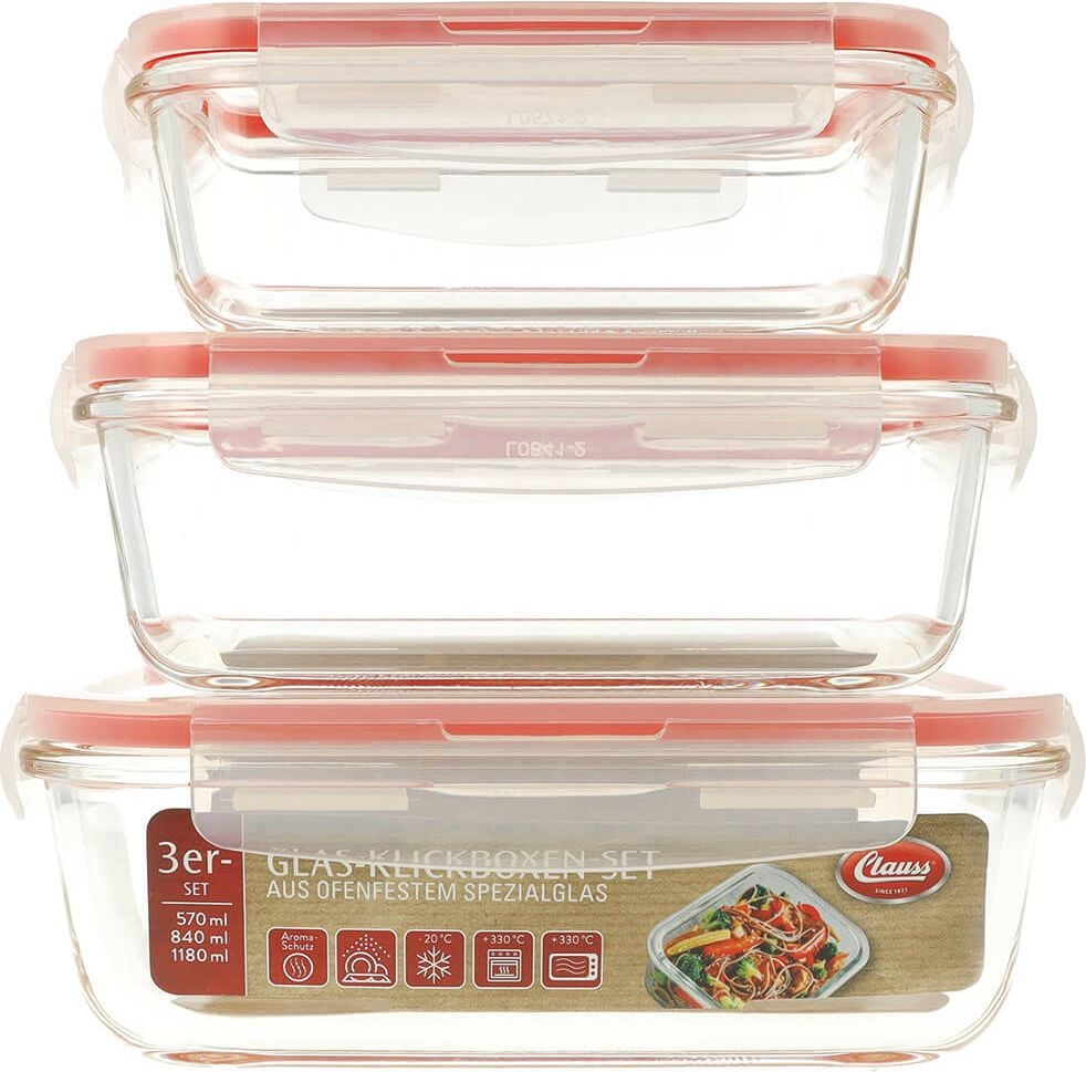 Frischhalteboxen Clauss Klickboxen 10003, 3er Set (570/840/1180ml), Glas, Deckel mit
4-Klick-System, spülmaschinengeeignet