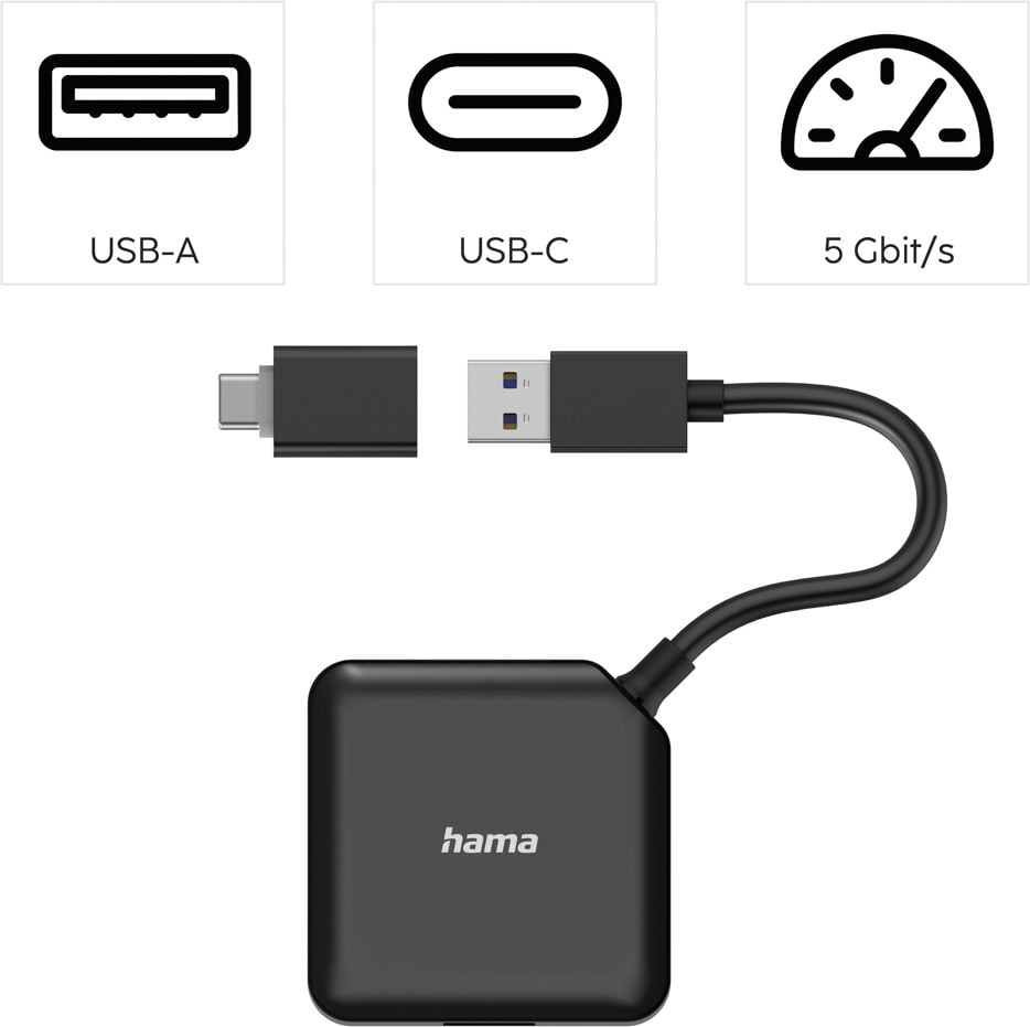 USB-Hub Hama 00200116 USB-3.2-Hub 1:4, USB 3.2, für bis zu 4 USB Geräte,
bus-powered, schwarz
