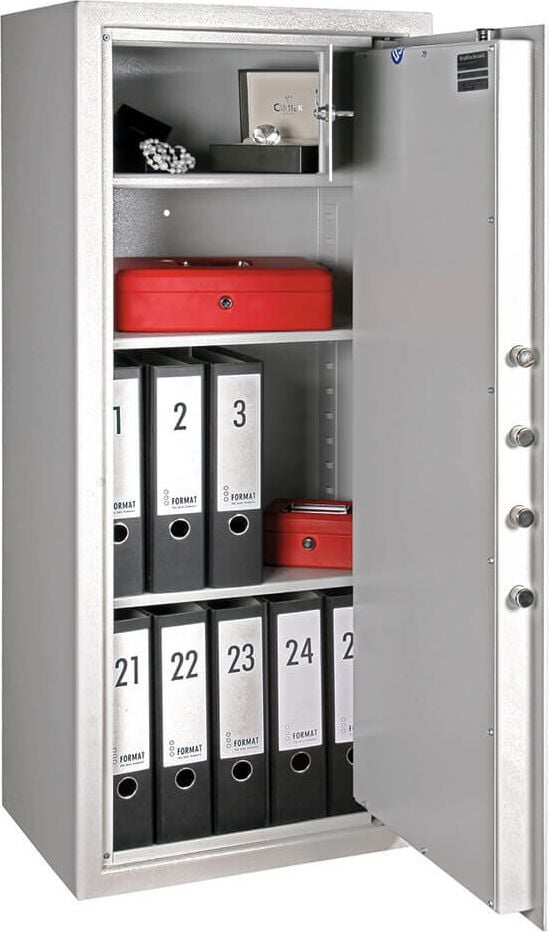 Geschäftstresor Format AS 800, 80x50x37cm, 69kg, Sicherheitsstufe A nach
VDMA 24992, 110 Liter Volumen, hellgrau