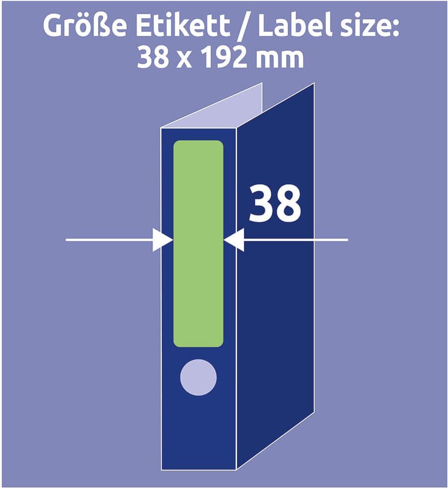 Rückenschilder Zweckform L4764-20 ultragrip, schmal/kurz, 192x38mm, auf A4, grün, Pack 20
Blatt/140 Stück