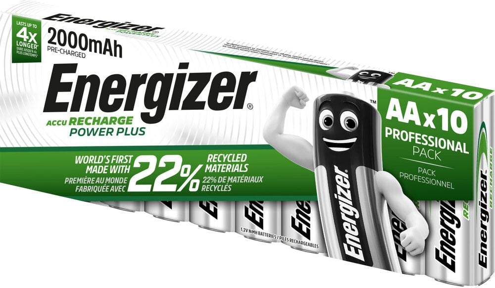 Akkus Energizer NiMH Power Plus Mignon (AA), 1,2 V, 2000 mAh, aus 22% recycelten Materialien, Pack 10 Stück