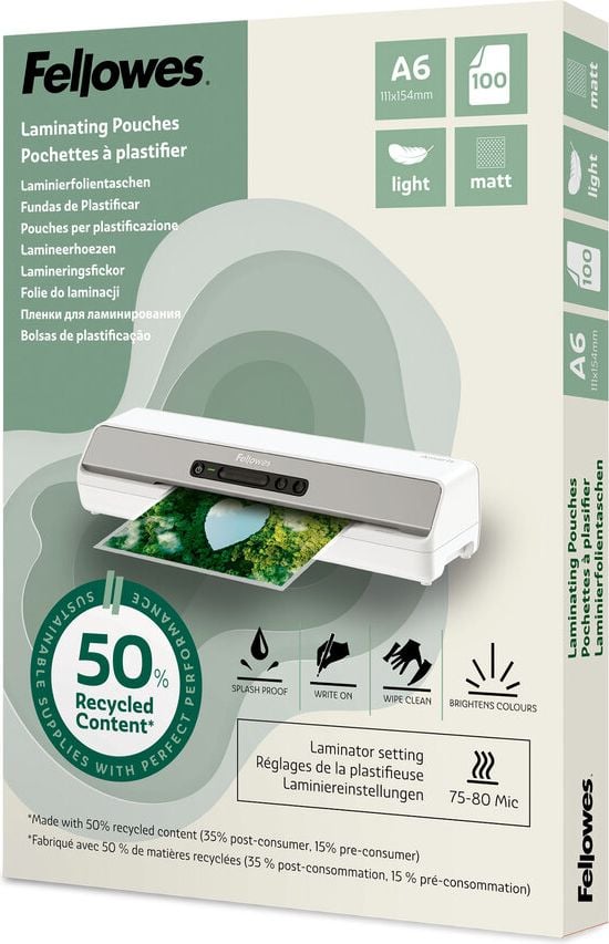 Laminierfolien Fellowes A6 POUCH 100143438, 154x111mm, 80 mic, matt, 50% Recyclinganteil, Pack 100 Stück