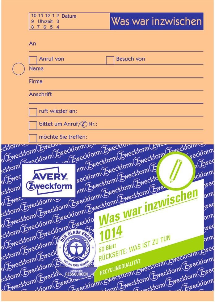 Telefonnotizen Zweckform 1014 Recycling, WAS WAR INZWISCHEN?, DIN A6 hoch,
Recyclingpapier, gelb, Block 50 Blatt