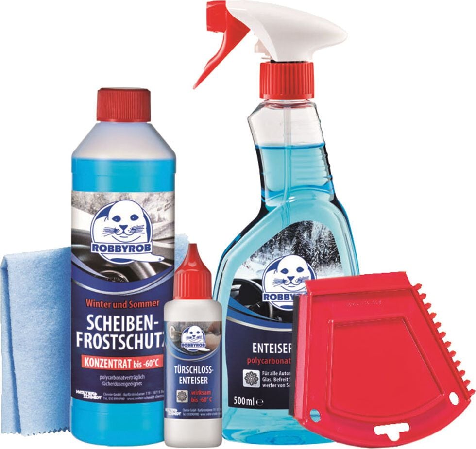 KFZ-Winterset Robbyrob, Scheibenfrostschutz, Scheibenenteiserspray, Türschlossenteiser, Klarsichttuch, Eiskratzer