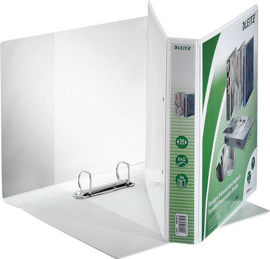 Präsentationsringbuch Leitz Standard 42800001, A4, 2 Ringe, 51mm Rücken, 30mm
Ringdurchmesser/Füllhöhe, weiß, Pack 6 Stück, weiß