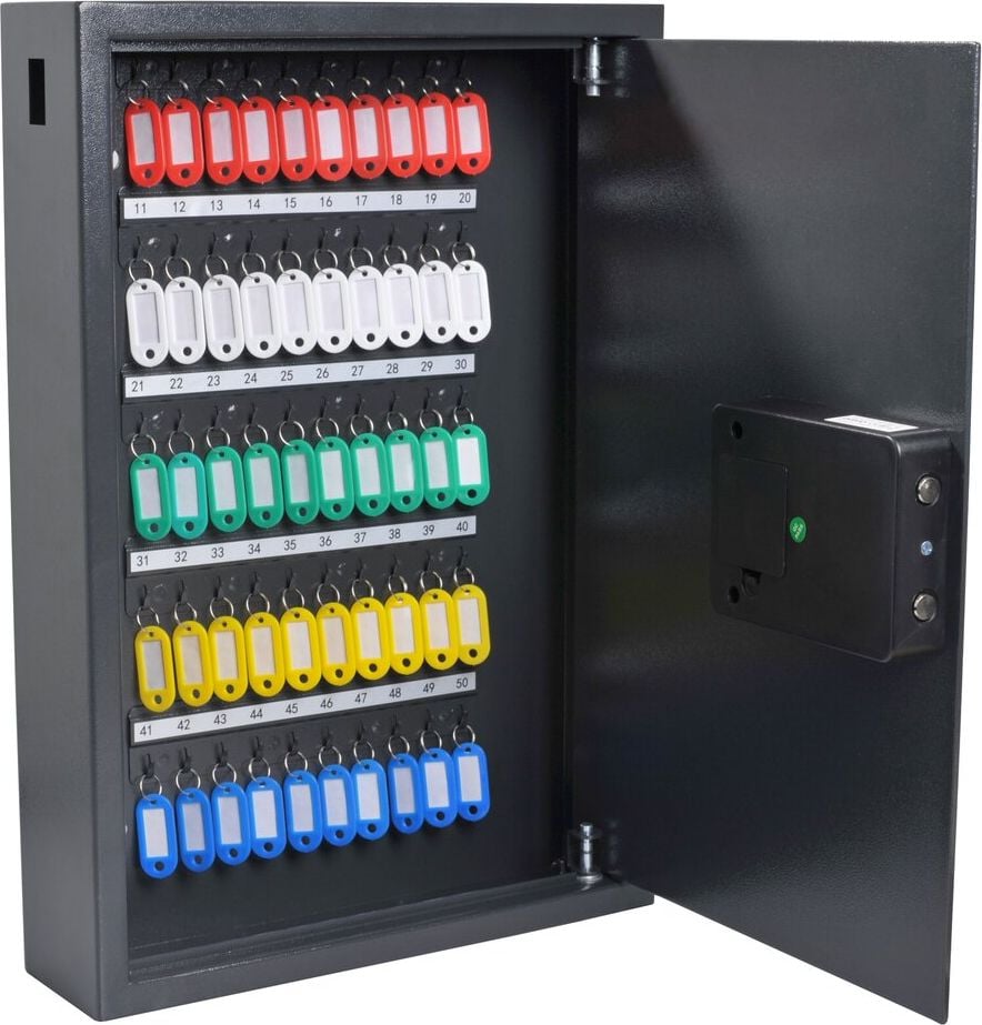 Schlüsselschrank pavo High Security Advanced 8025145, für 50 Schlüssel, Elektronik-Zahlenschloss und Fingerabdruck, Einwurfschlitz, dunkelgrau