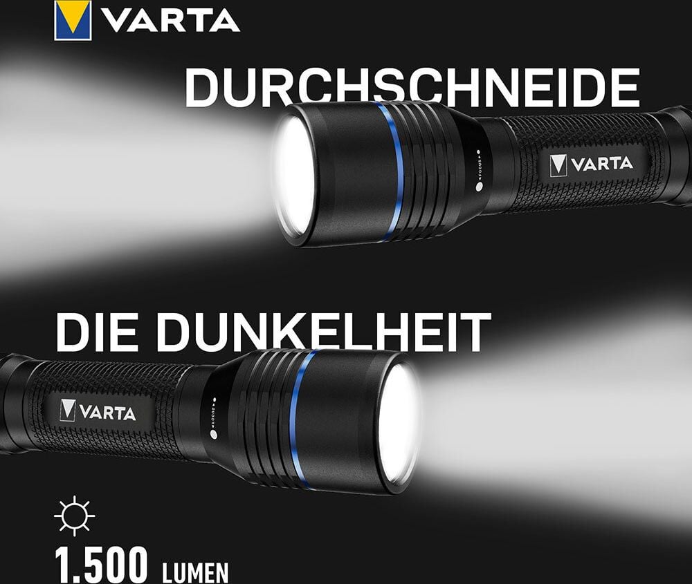 Taschenlampe Varta Night Cutter Pro F30R 18921101111, LED, 1500 Lumen, 280m Leuchtweite, 5 Leuchtstufen, USB-C Anschluss, inkl. Li-Ion Akku, schwarz
