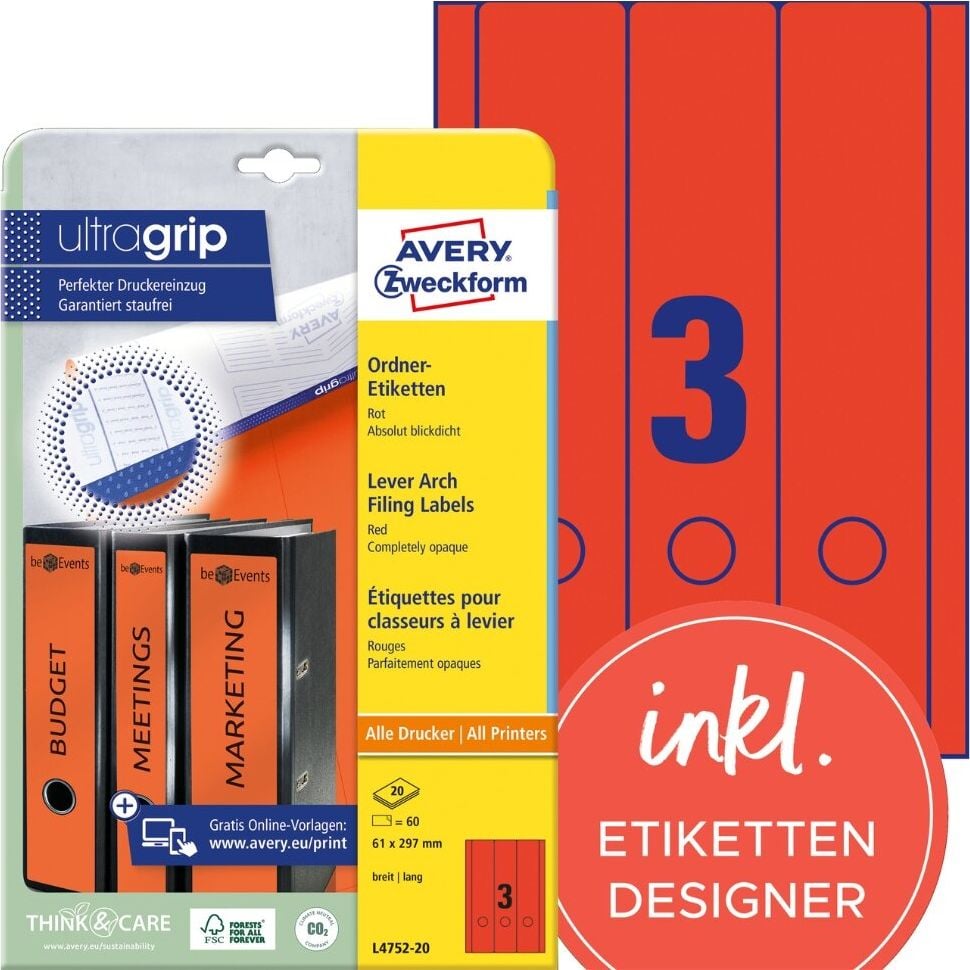 Rückenschilder Zweckform L4752-20 ultragrip, breit/lang, 297x61mm, auf A4, rot, Pack 20
Blatt/60 Stück