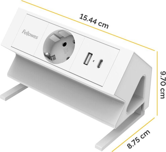 Tischsteckdosenleiste Fellowes Power Desk Type F 1fach+2 USB, Tischklemme, 1x Steckdose (230V), 1x USB-A, 1x USB-C, Kabellänge 2m, weiß