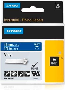 Schriftbänder Dymo RHINO Vinyl 1805243, weiß auf blau, 12mm/5,5m, Vinylband