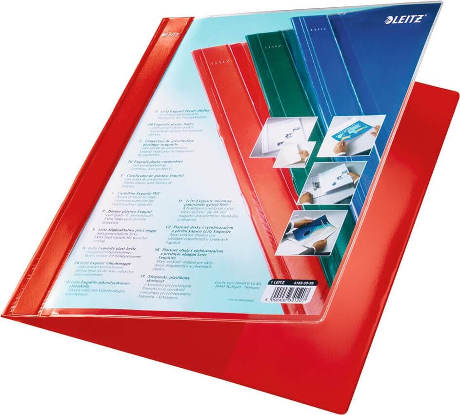 Schnellhefter Leitz Exquisit A4 Überbreite 4193, PVC-Hartfolie, transparenter Vorderdeckel, 2
Innentaschen, Abheftschieber, Pack 25 Stück, schwarz