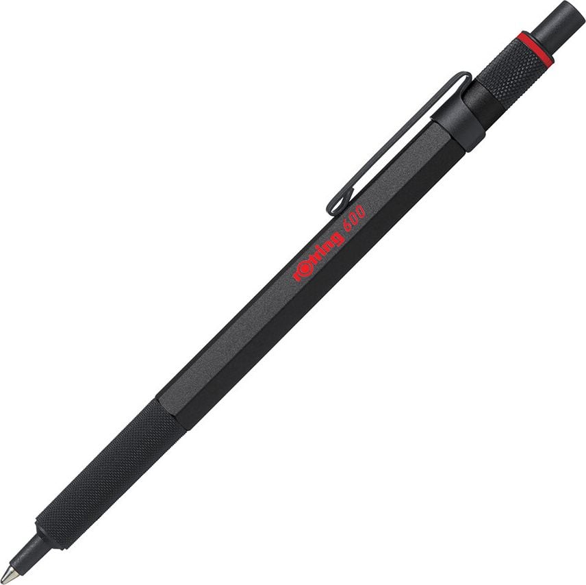 Kugelschreiber Rotring 600 2032577/2032578, Mehrweg, Strichbreite M ca. 0,7mm,
Druckmechanik, Schreibfarbe schwarz, silber