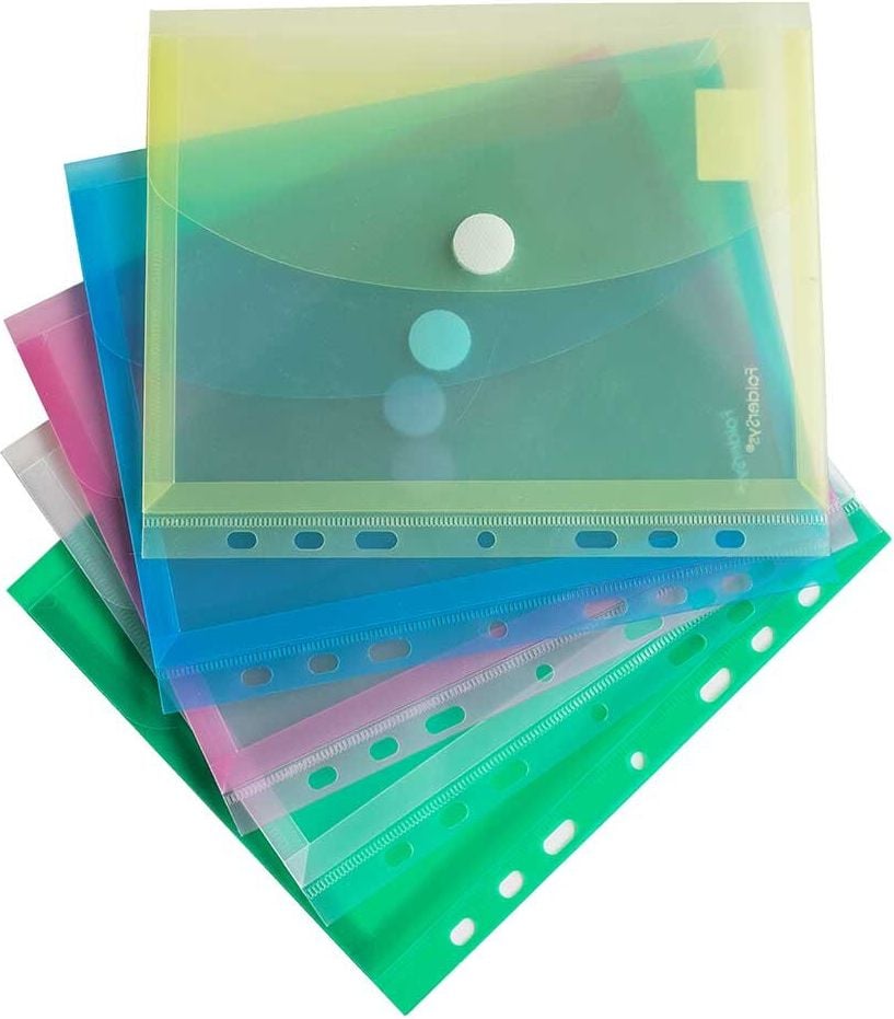 Dokumententaschen Foldersys A5 40159-94, Abheftrand, Klettverschluss, 20mm Dehnfalte, farbig sortiert, transluzent, Pack 10 Stück, sortiert