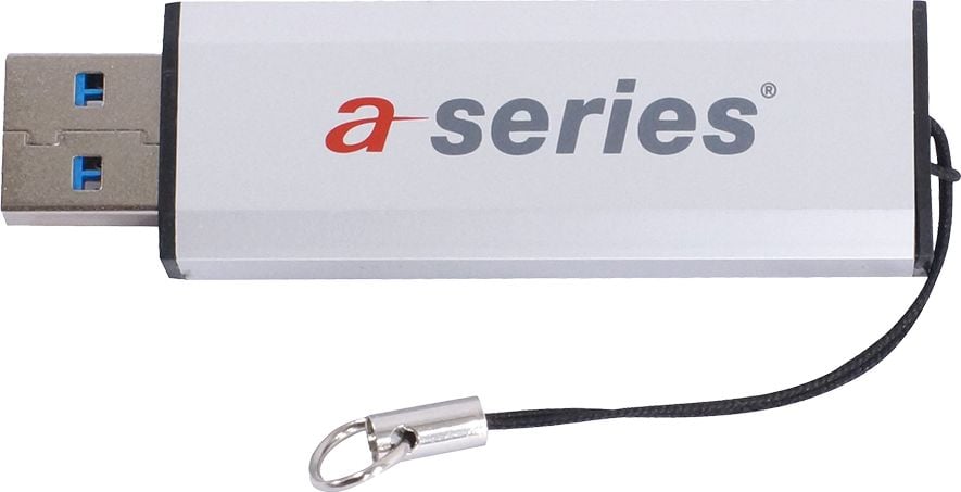 USB-Stick a-series AS1460, 32GB, USB 3.0 Typ A, mit Schiebemechanik,
inkl. Schlüsselanhänger, schwarz/silber