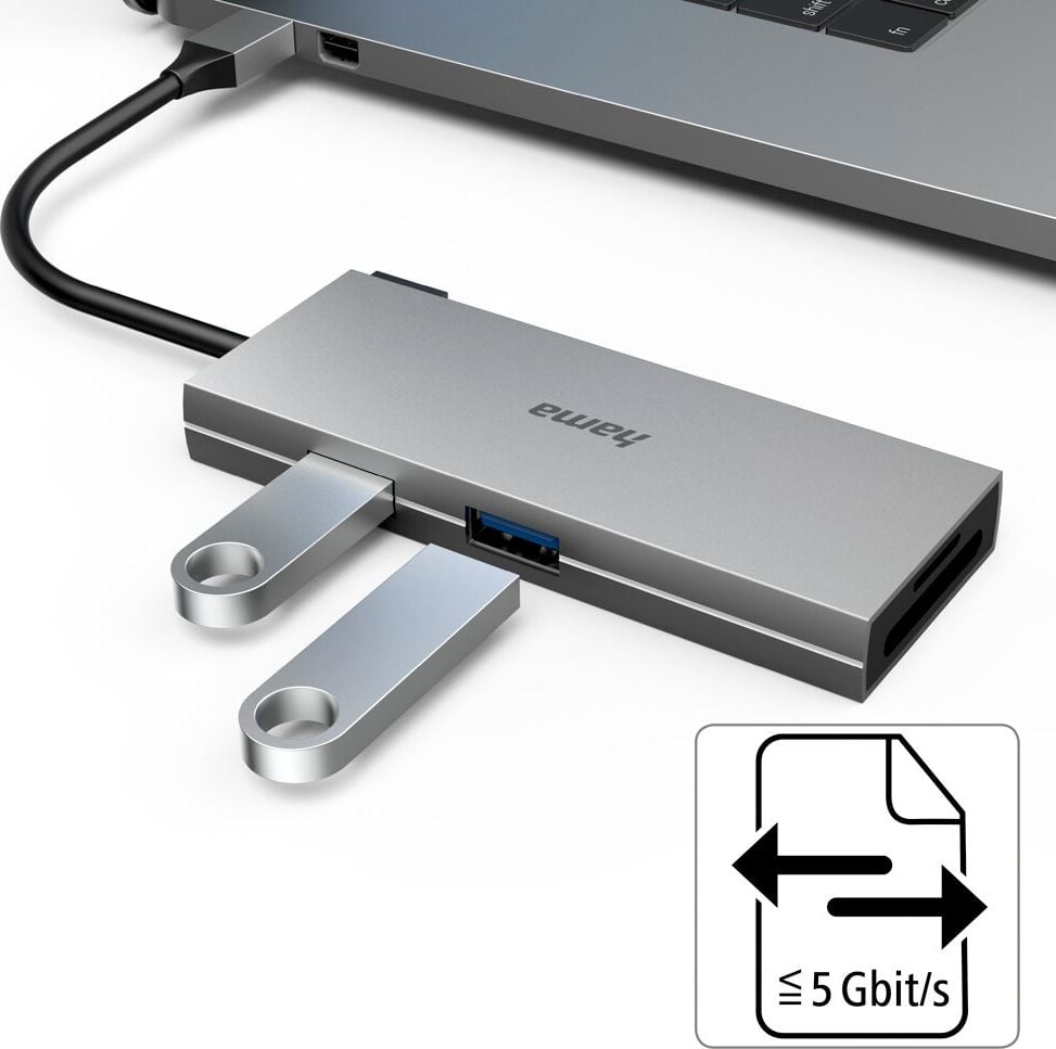 USB-C-Hub Hama Multiport 00200110, USB 3.2 Gen1, 6 Ports, 2x USB-A, 1x USB-C, 1x
HDMI, 1x SD, 1x microSD, anthrazit