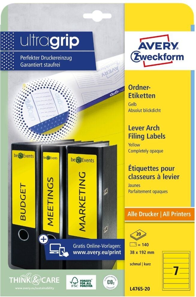 Rückenschilder Zweckform L4765-20 ultragrip, schmal/kurz, 192x38mm, auf A4, gelb, Pack 20
Blatt/140 Stück