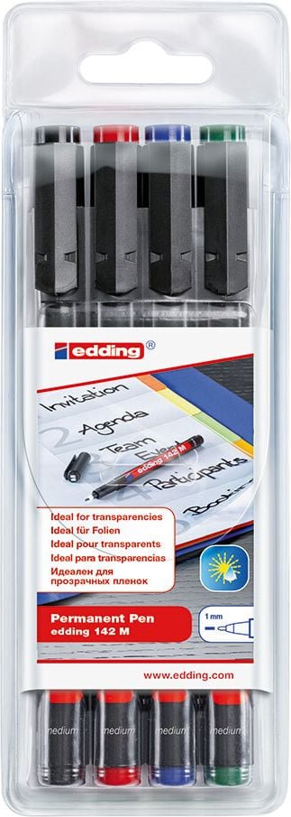Folienschreiber Edding 142 M, M ca. 1mm, wasserfest, Etui mit 4 Farben