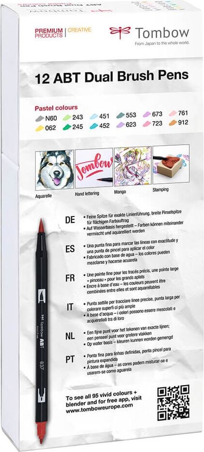 Fasermaler Tombow Abt Dual Brush Pen ABT-12P-2, 2 Spitzen (ca. 0,8 + ca. 0,8-3,3mm), Etui mit
12 Pastellfarben