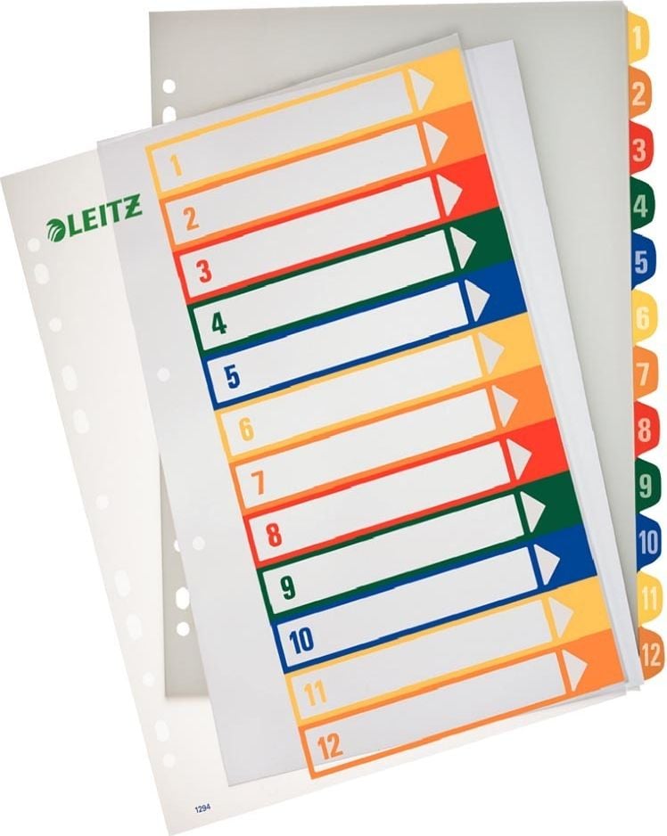 Kunststoffregister Leitz A4 Überbreite 1-12 1294, A4 Überbreit, 1-12, 12tlg.,
PP, 12-farbig