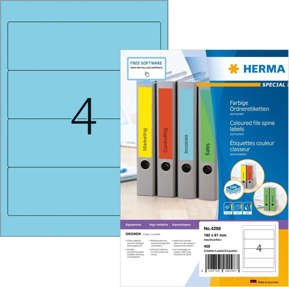 Rückenschilder Herma 4298, breit/kurz, 192x61mm, auf A4, blau, Pack 100
Blatt/400 Stück